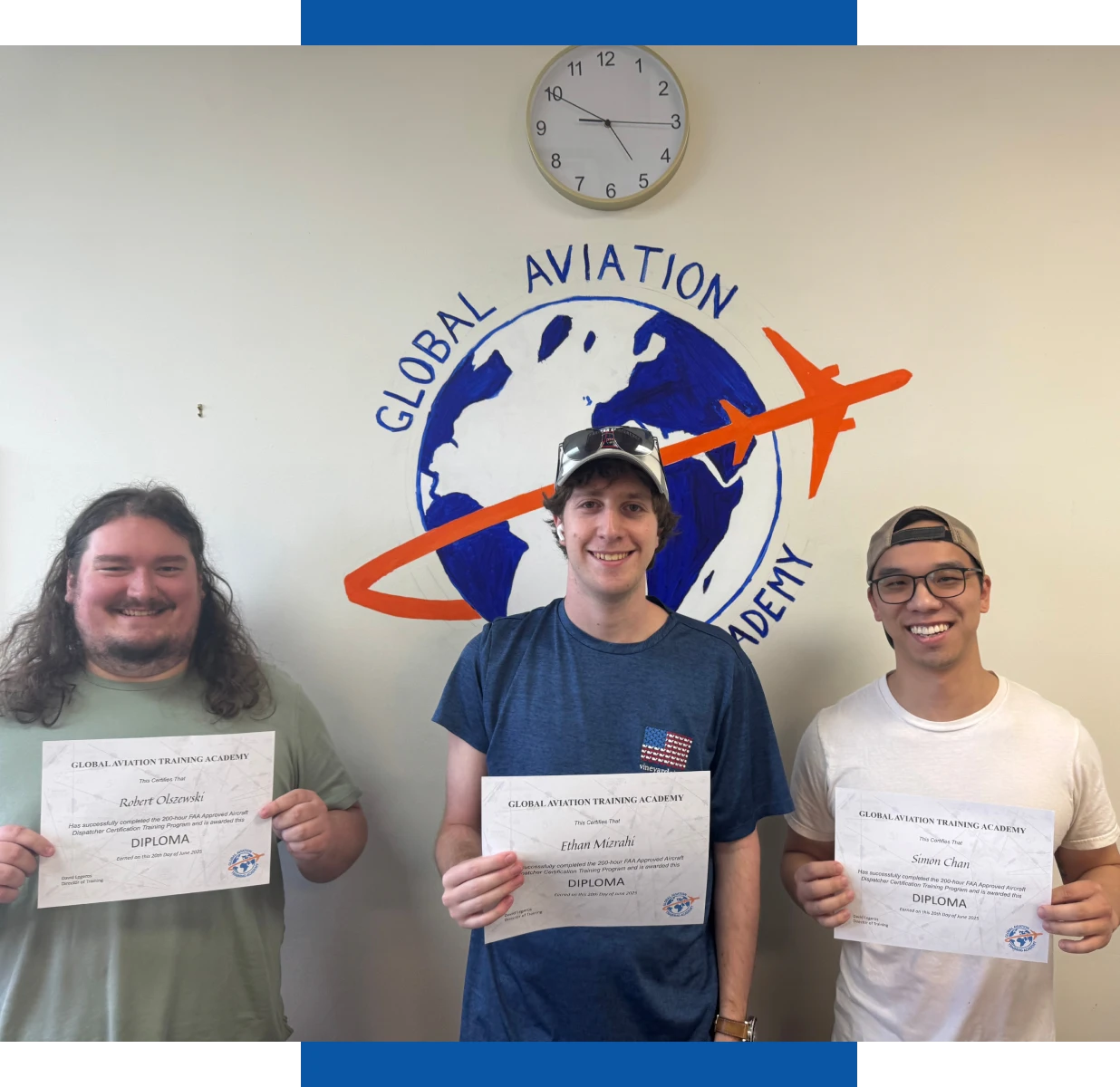 Students with diplomas, aviation academy logo
