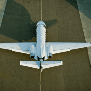 Top-down view of private jet on runway