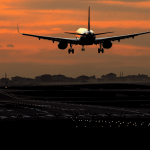 Passenger plane landing on runway at sunset