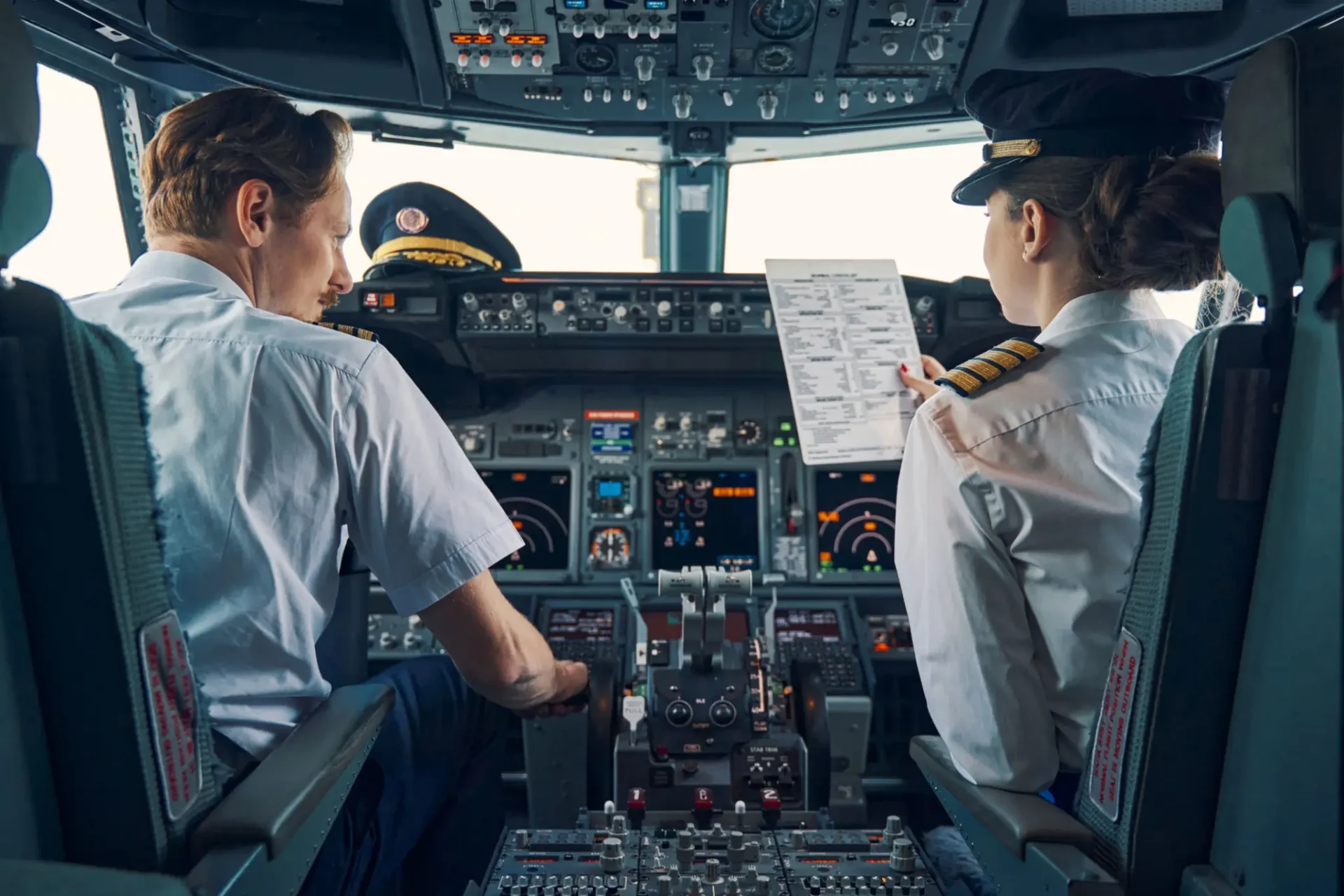 Two pilots reviewing checklist in cockpit